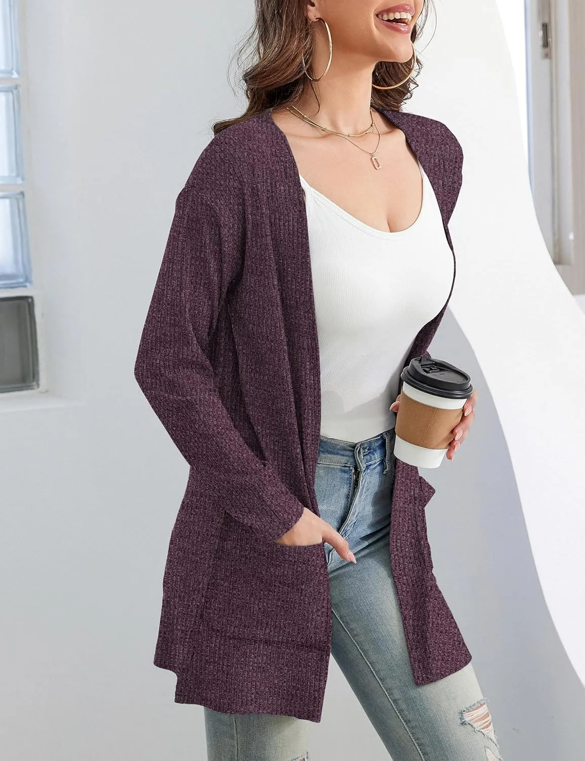 OmicGot Women's Cardigans with Pockets Casual Lightweight Classic Open Front Cardigan Sweaters for Women S-XL