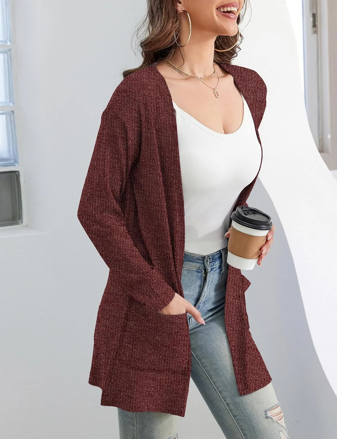 OmicGot Women's Cardigans with Pockets Casual Lightweight Classic Open Front Cardigan Sweaters for Women S-XL
