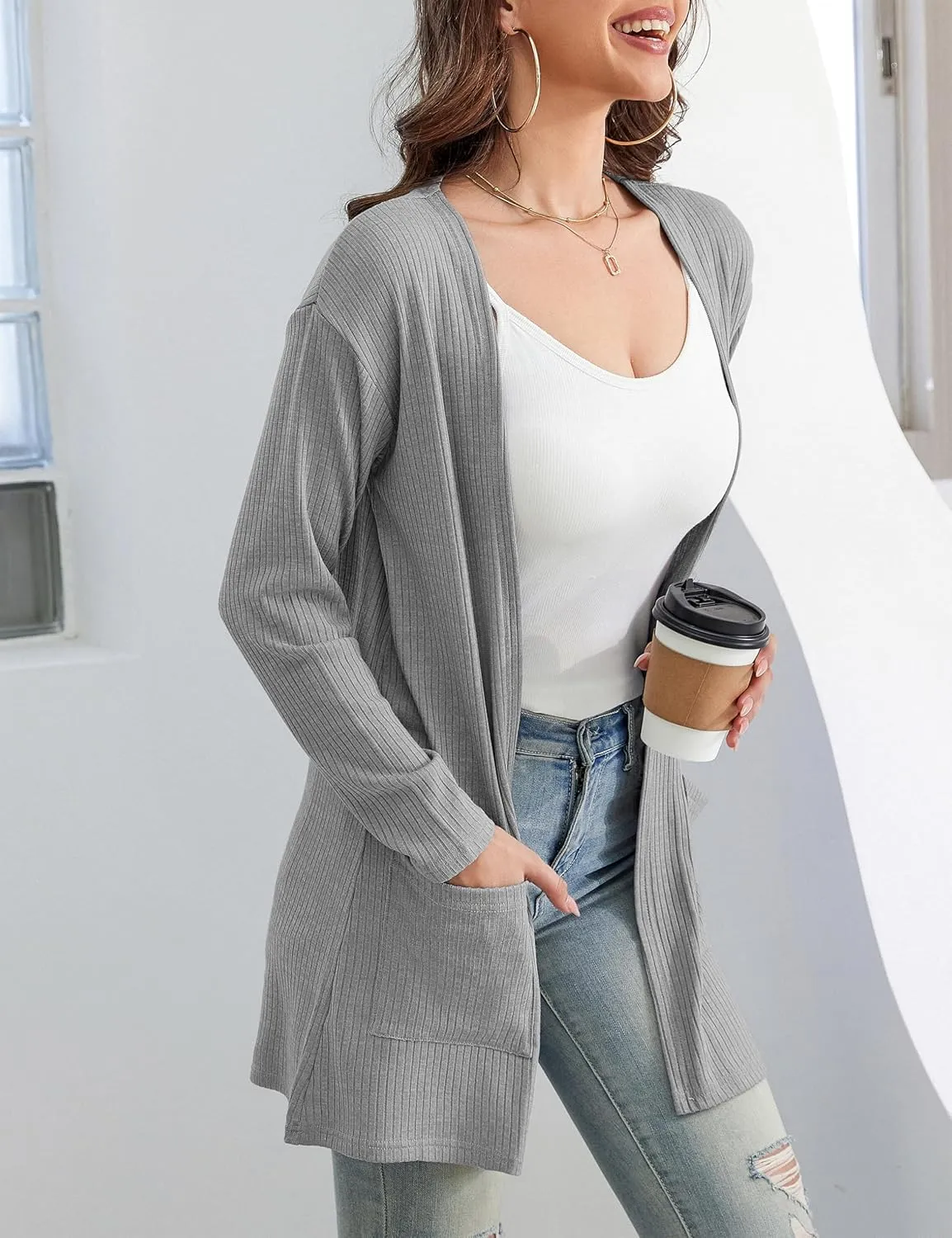 OmicGot Women's Cardigans with Pockets Casual Lightweight Classic Open Front Cardigan Sweaters for Women S-XL