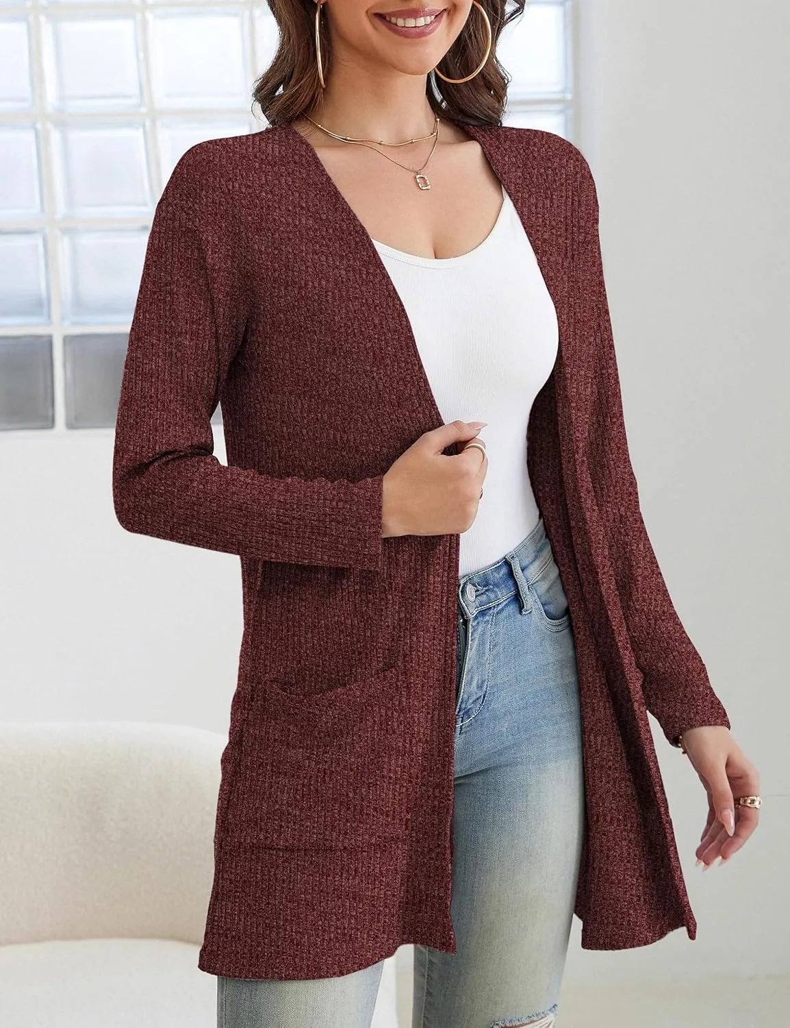 OmicGot Women's Cardigans with Pockets Casual Lightweight Classic Open Front Cardigan Sweaters for Women S-XL