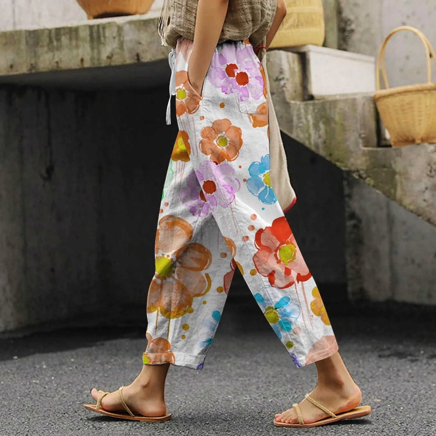 Petite Linen Pants for Women Casual Palazzo Pants Flowy Wide Leg Beach Trousers Comfy Straight Leg Pant with Pockets