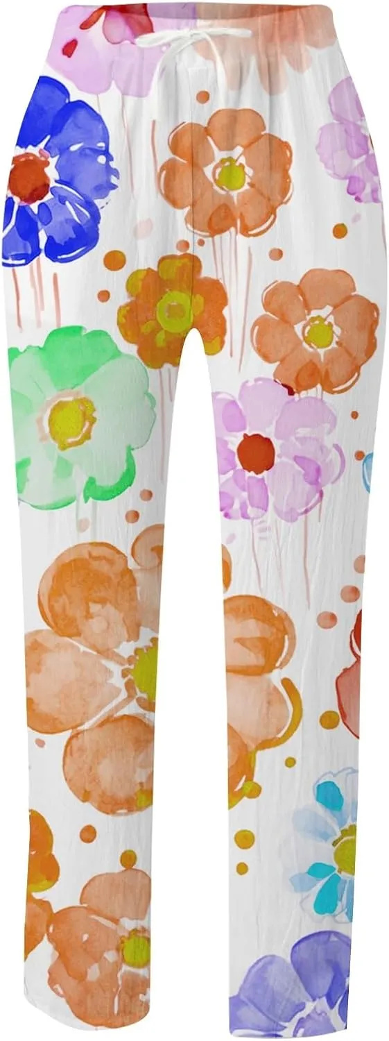 Petite Linen Pants for Women Casual Palazzo Pants Flowy Wide Leg Beach Trousers Comfy Straight Leg Pant with Pockets