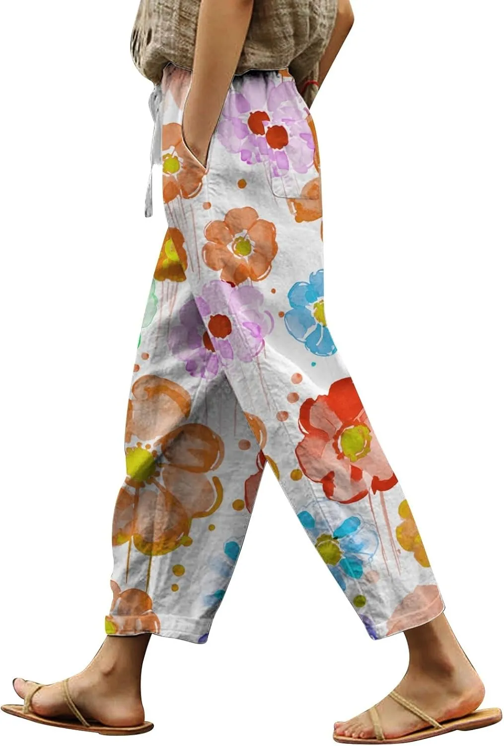 Petite Linen Pants for Women Casual Palazzo Pants Flowy Wide Leg Beach Trousers Comfy Straight Leg Pant with Pockets