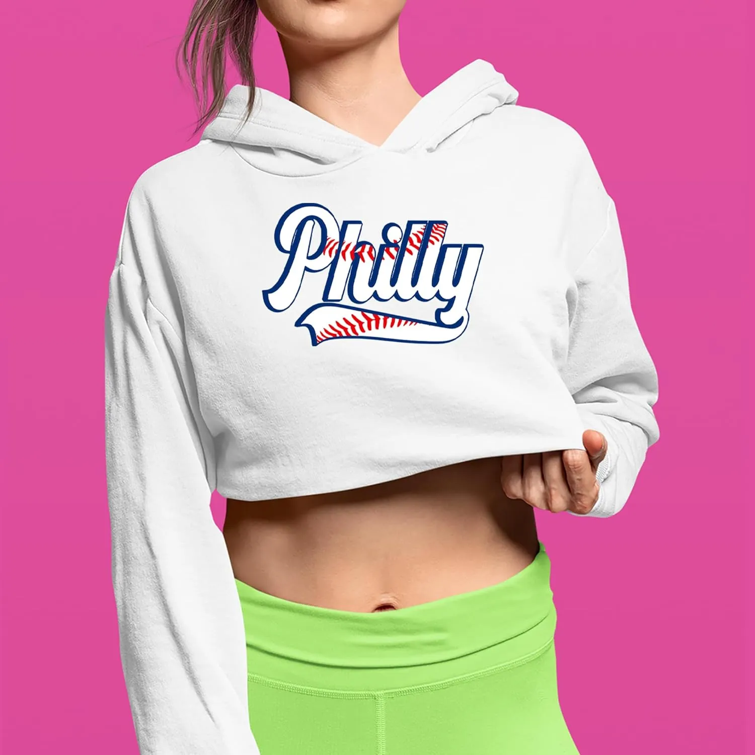 Philly Baseball Stitching Cropped Fleece Hoodie, Soft & Cozy, Trendy Fit