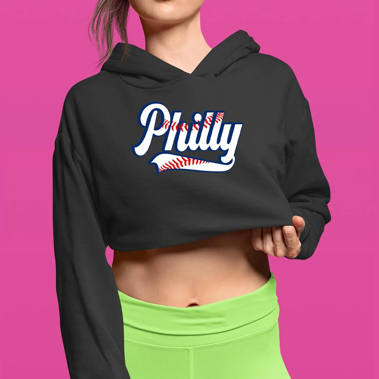 Philly Baseball Stitching Cropped Fleece Hoodie, Soft & Cozy, Trendy Fit