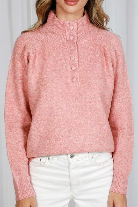 Pink Mock Neck Button Detail Sweater