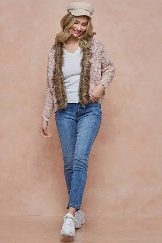 Pink Sweater Cardigan with Faux Fur Trim