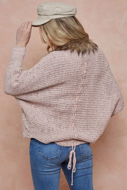 Pink Sweater Cardigan with Faux Fur Trim