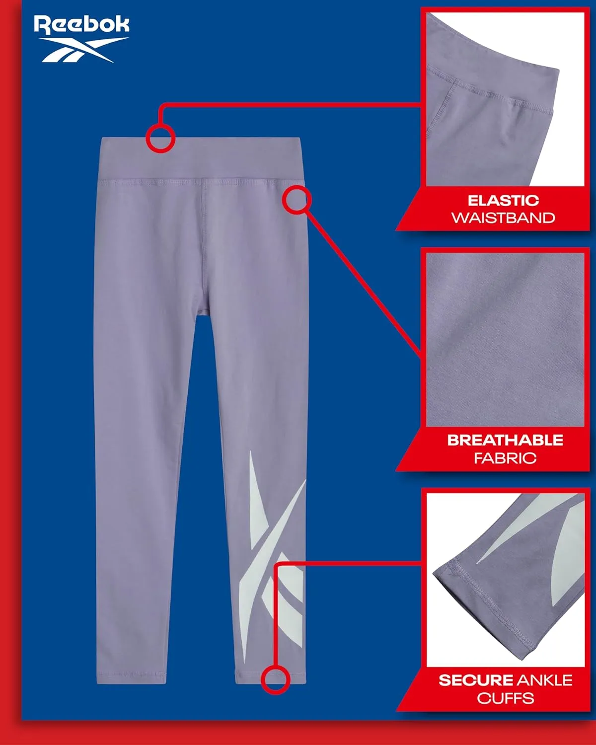 Reebok Girls Leggings - Athletic Performance Cotton Leggings - Stretchy Yoga Pants for Girls Dance Tights (Sizes: 7-12)