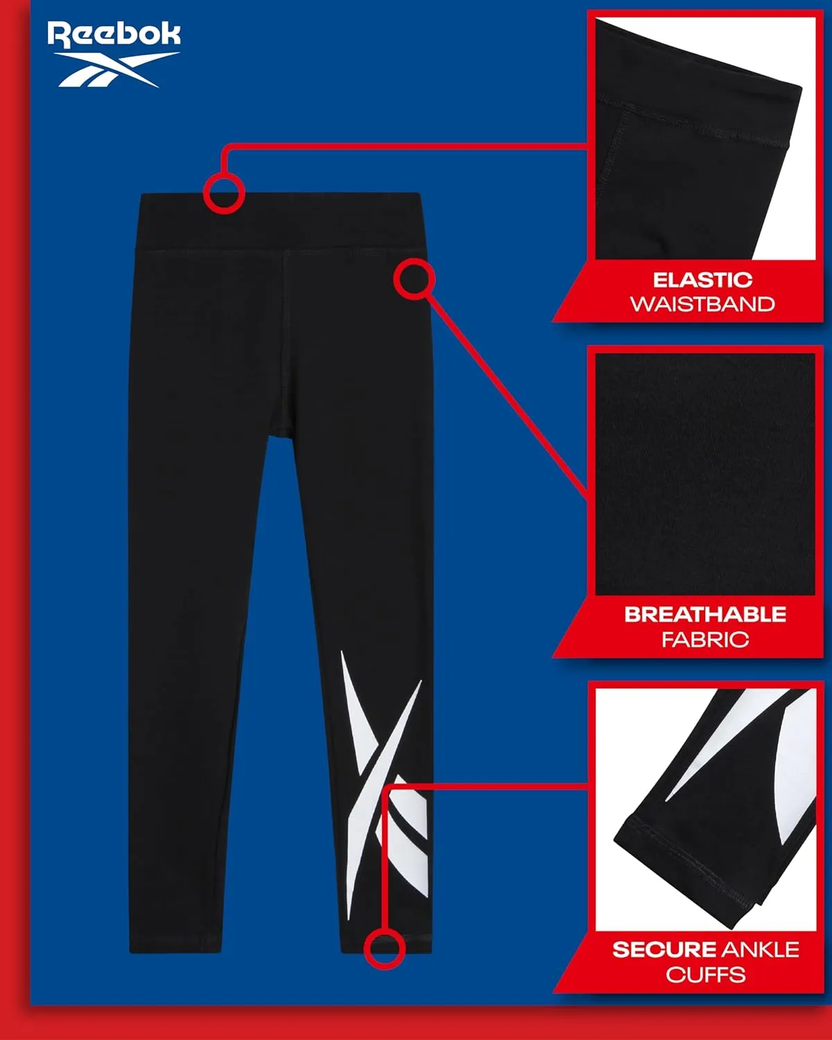 Reebok Girls Leggings - Athletic Performance Cotton Leggings - Stretchy Yoga Pants for Girls Dance Tights (Sizes: 7-12)