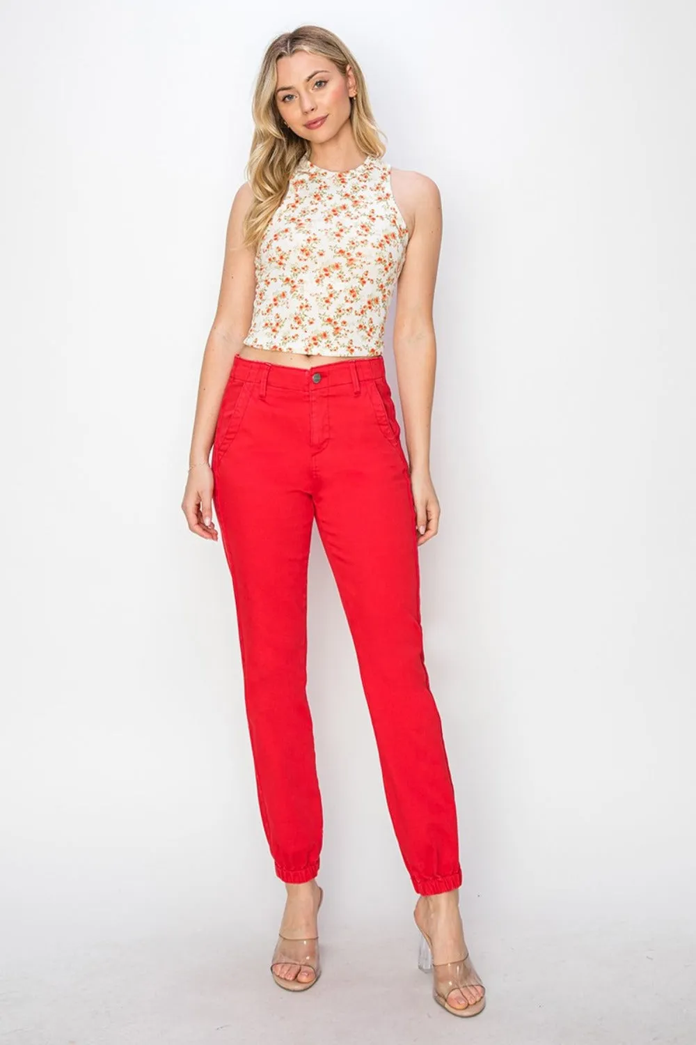 RISEN High-Rise Waist Jogger Pants Ankle Relaxed Straight Leg Red Denim Jeans
