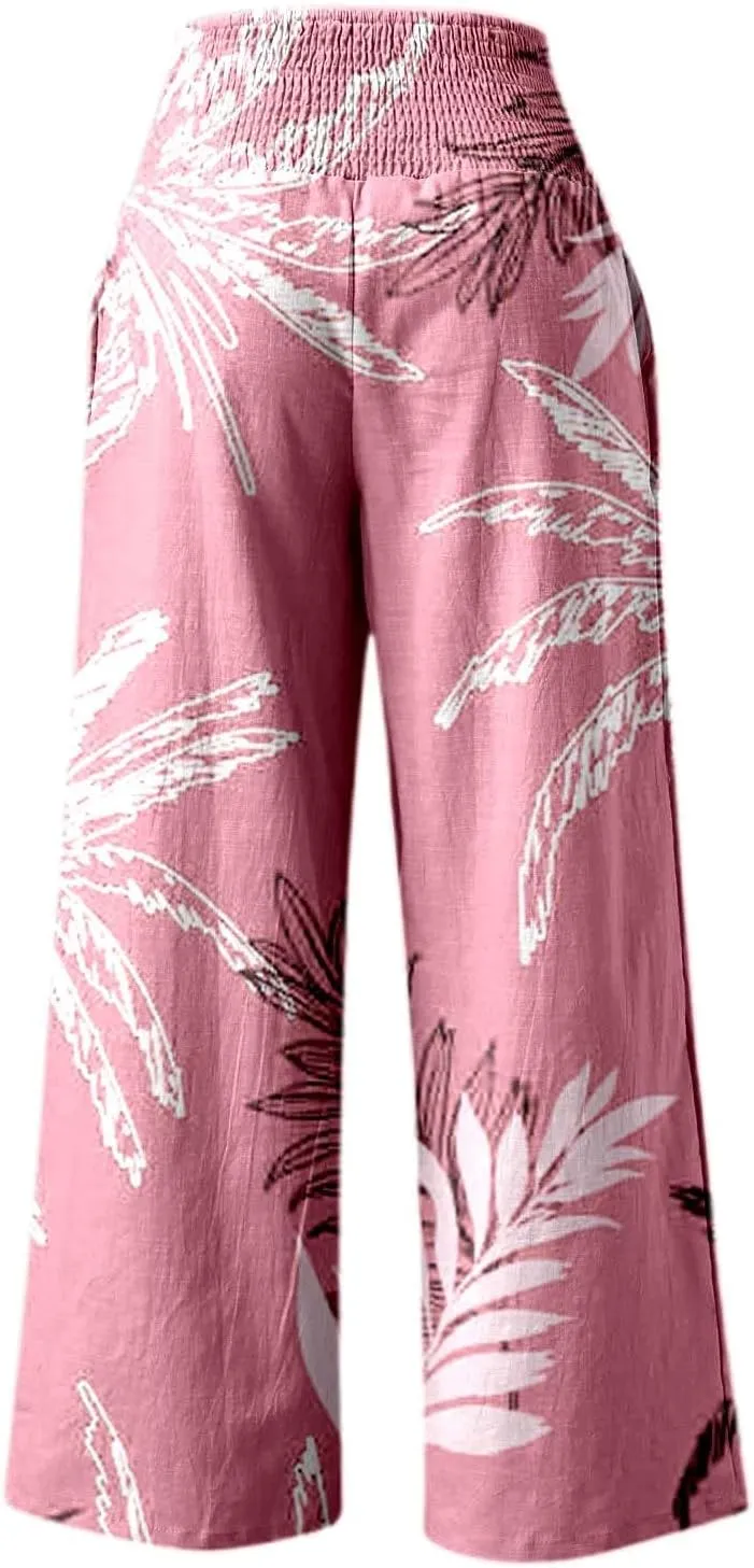 Streetwear Women Stretchy Elastic High Waist Floral Printed Breathable Pants Casual Straight Leg Oversized Flowy Trousers