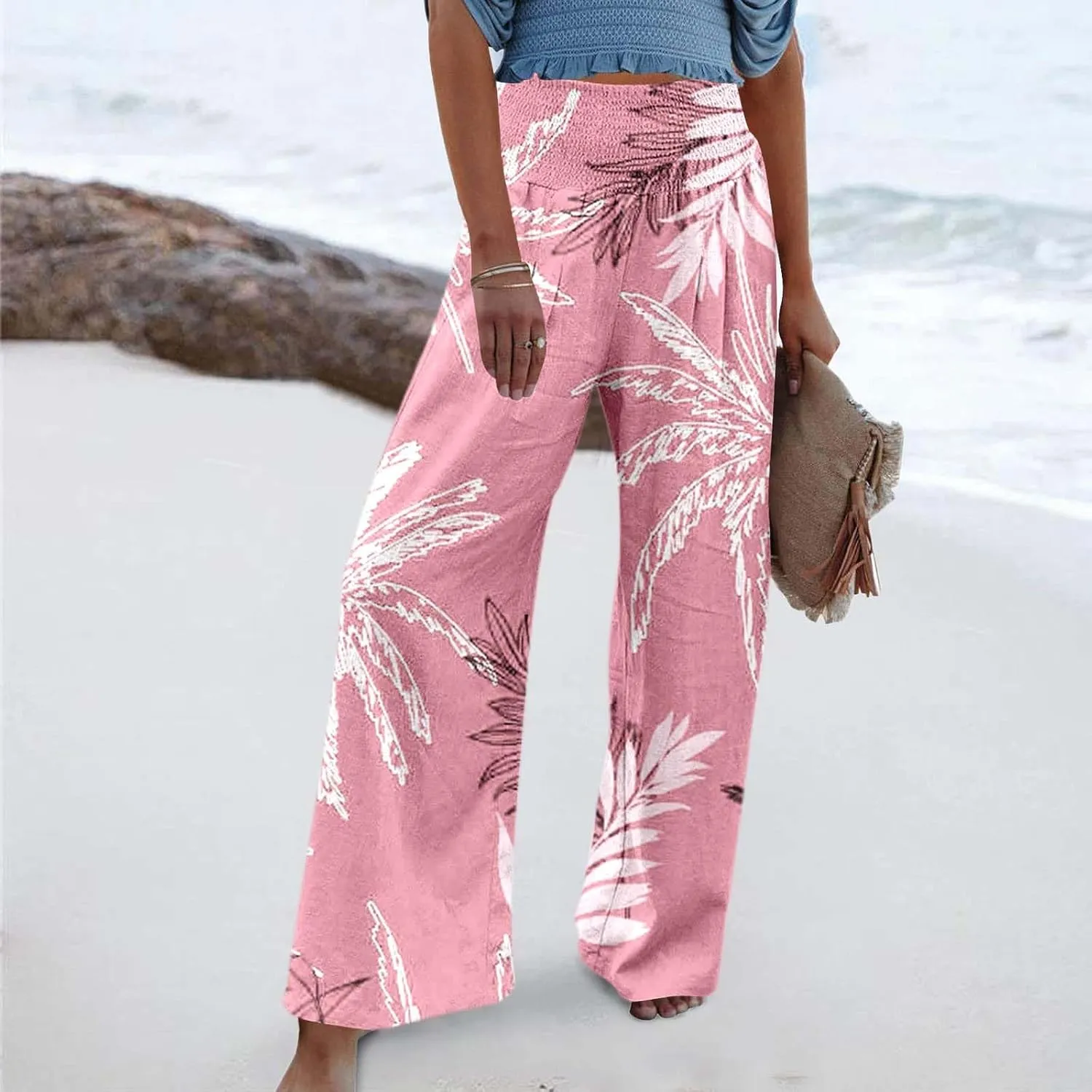 Streetwear Women Stretchy Elastic High Waist Floral Printed Breathable Pants Casual Straight Leg Oversized Flowy Trousers