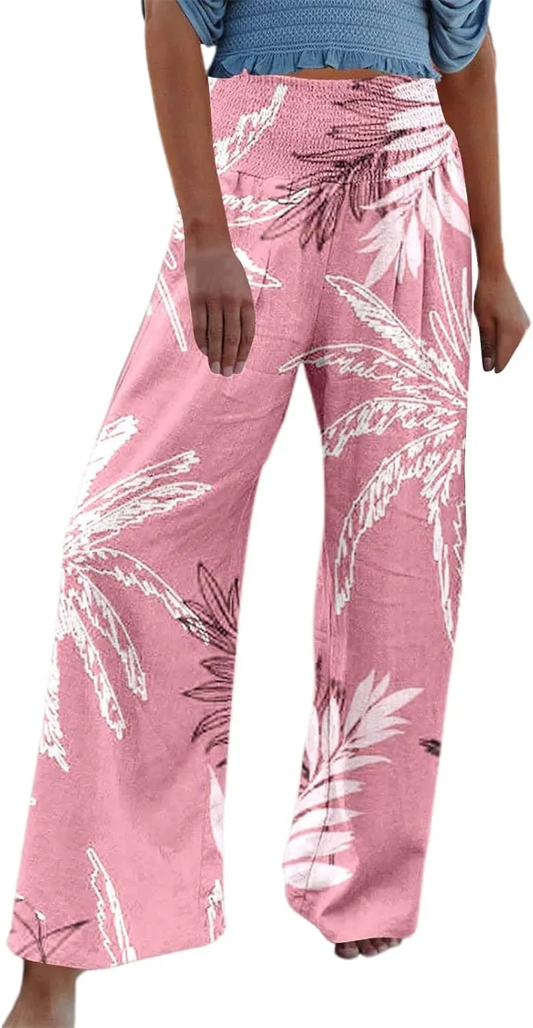 Streetwear Women Stretchy Elastic High Waist Floral Printed Breathable Pants Casual Straight Leg Oversized Flowy Trousers