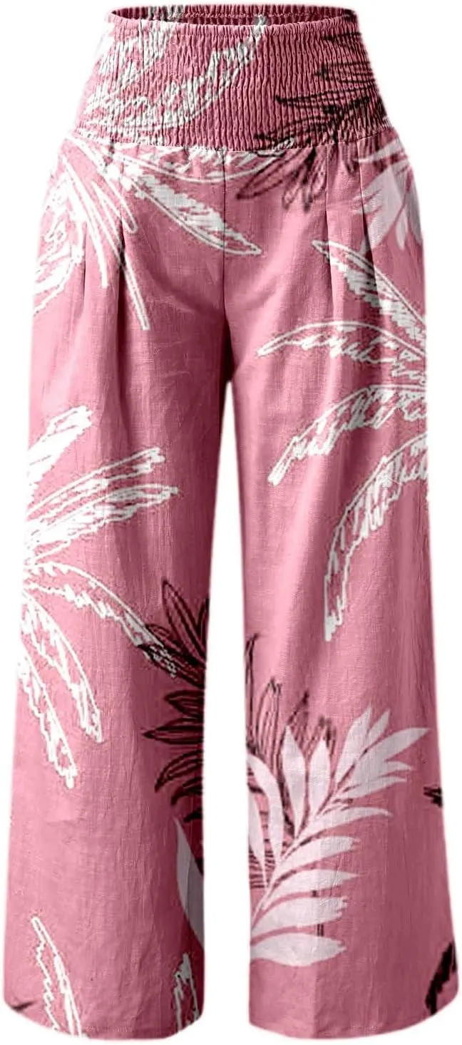 Streetwear Women Stretchy Elastic High Waist Floral Printed Breathable Pants Casual Straight Leg Oversized Flowy Trousers