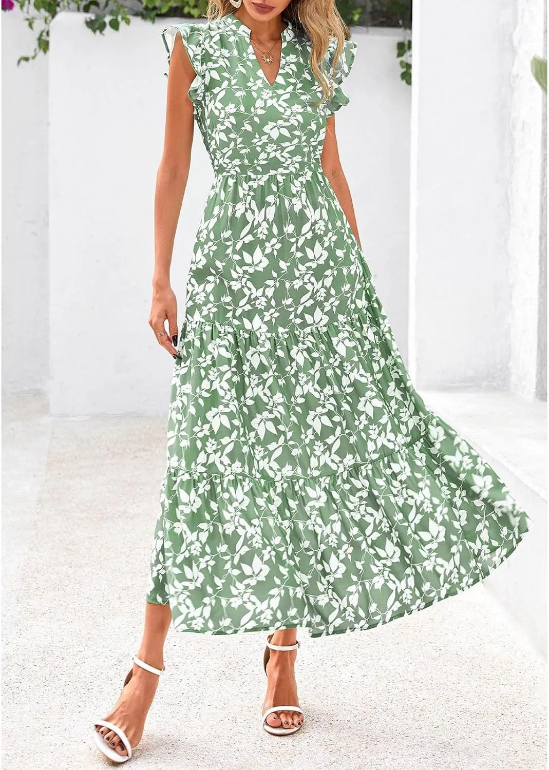 Summer Midi Dresses for Women 2025 Casual Boho Floral Beach Vacation Sundress V Neck Cap Sleeve Flowy Long Dresses