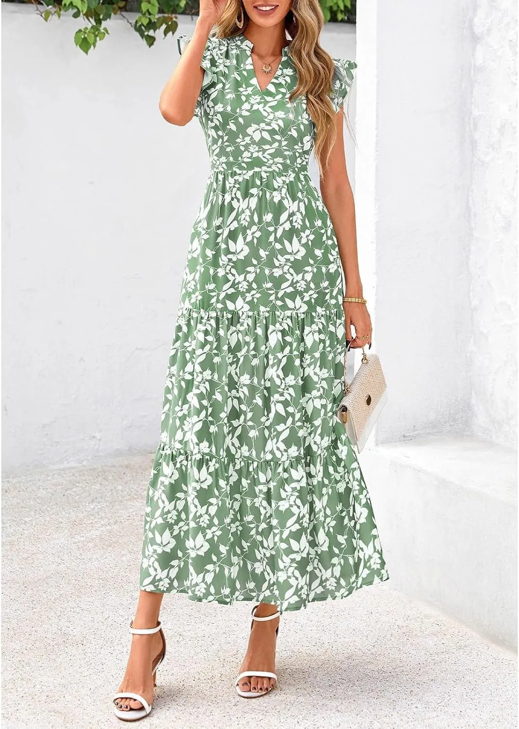 Summer Midi Dresses for Women 2025 Casual Boho Floral Beach Vacation Sundress V Neck Cap Sleeve Flowy Long Dresses