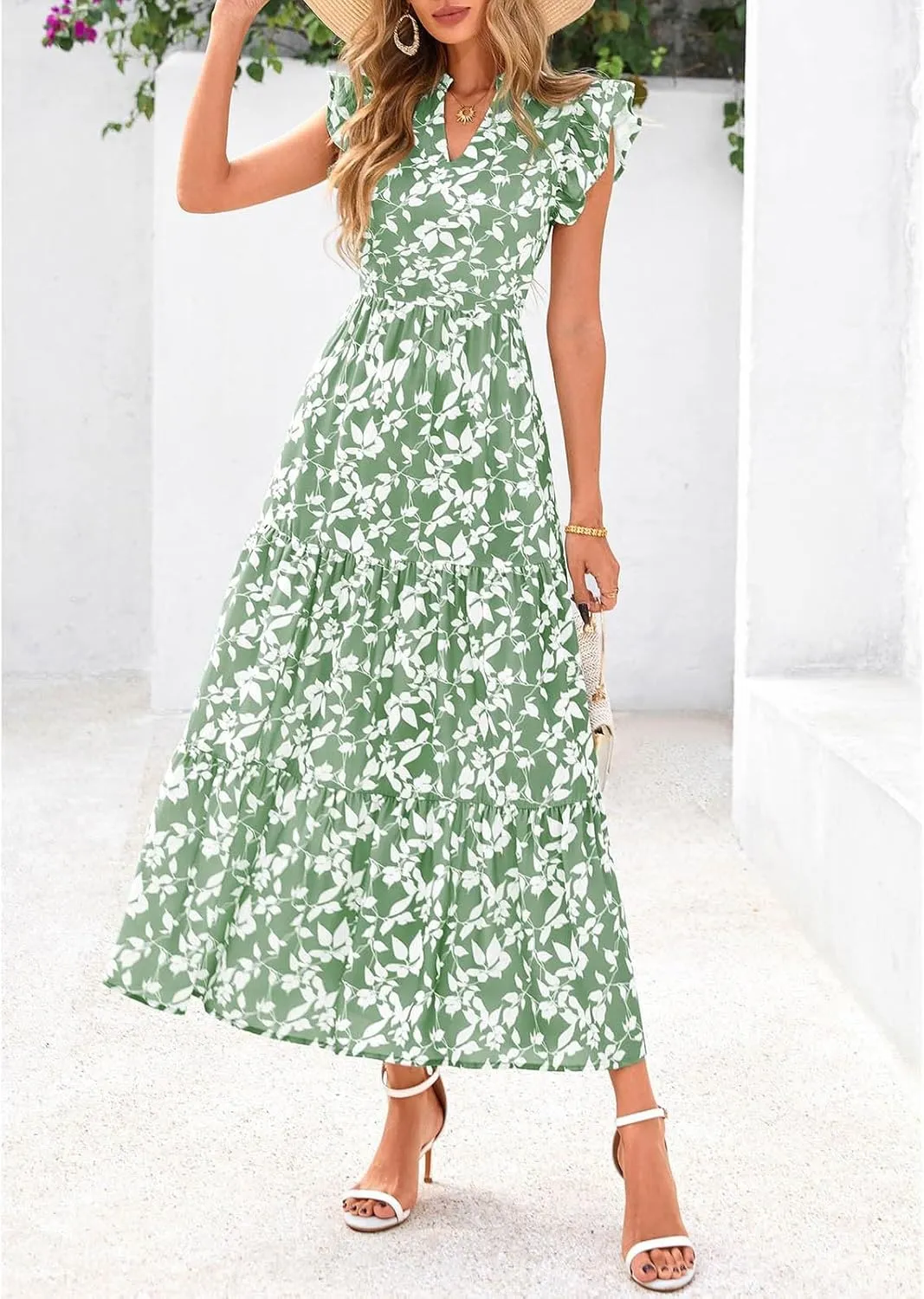 Summer Midi Dresses for Women 2025 Casual Boho Floral Beach Vacation Sundress V Neck Cap Sleeve Flowy Long Dresses
