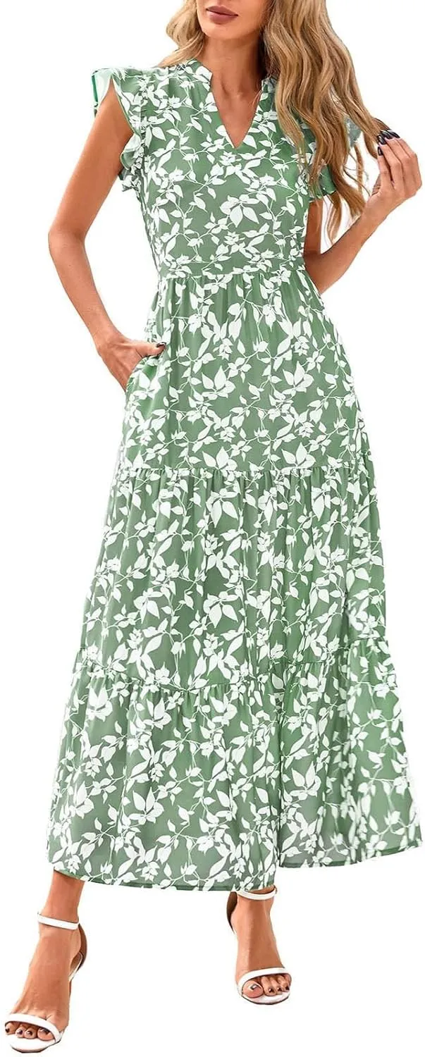 Summer Midi Dresses for Women 2025 Casual Boho Floral Beach Vacation Sundress V Neck Cap Sleeve Flowy Long Dresses