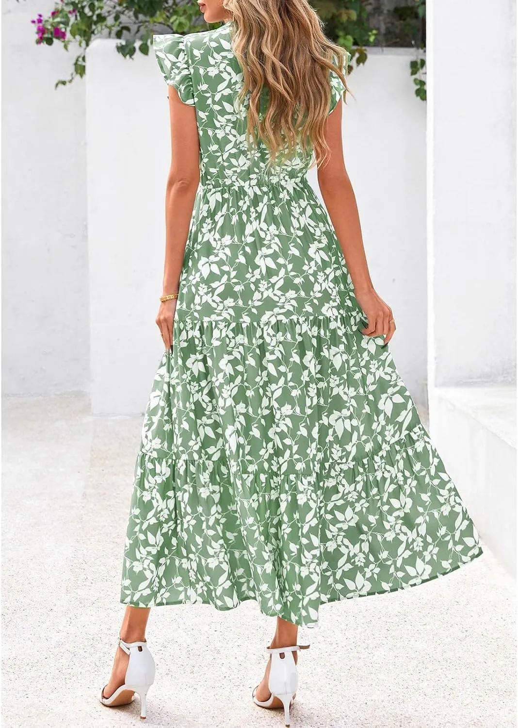 Summer Midi Dresses for Women 2025 Casual Boho Floral Beach Vacation Sundress V Neck Cap Sleeve Flowy Long Dresses