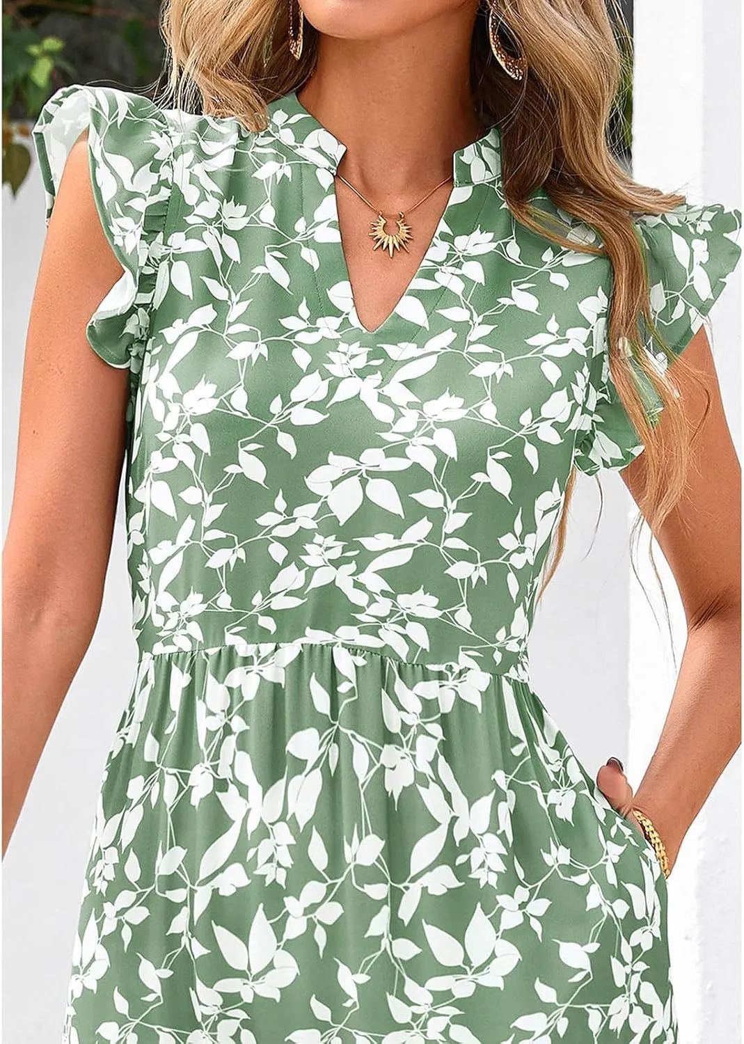 Summer Midi Dresses for Women 2025 Casual Boho Floral Beach Vacation Sundress V Neck Cap Sleeve Flowy Long Dresses
