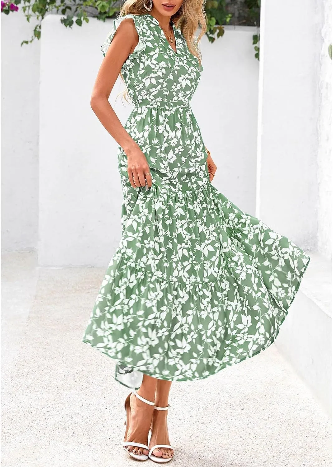 Summer Midi Dresses for Women 2025 Casual Boho Floral Beach Vacation Sundress V Neck Cap Sleeve Flowy Long Dresses