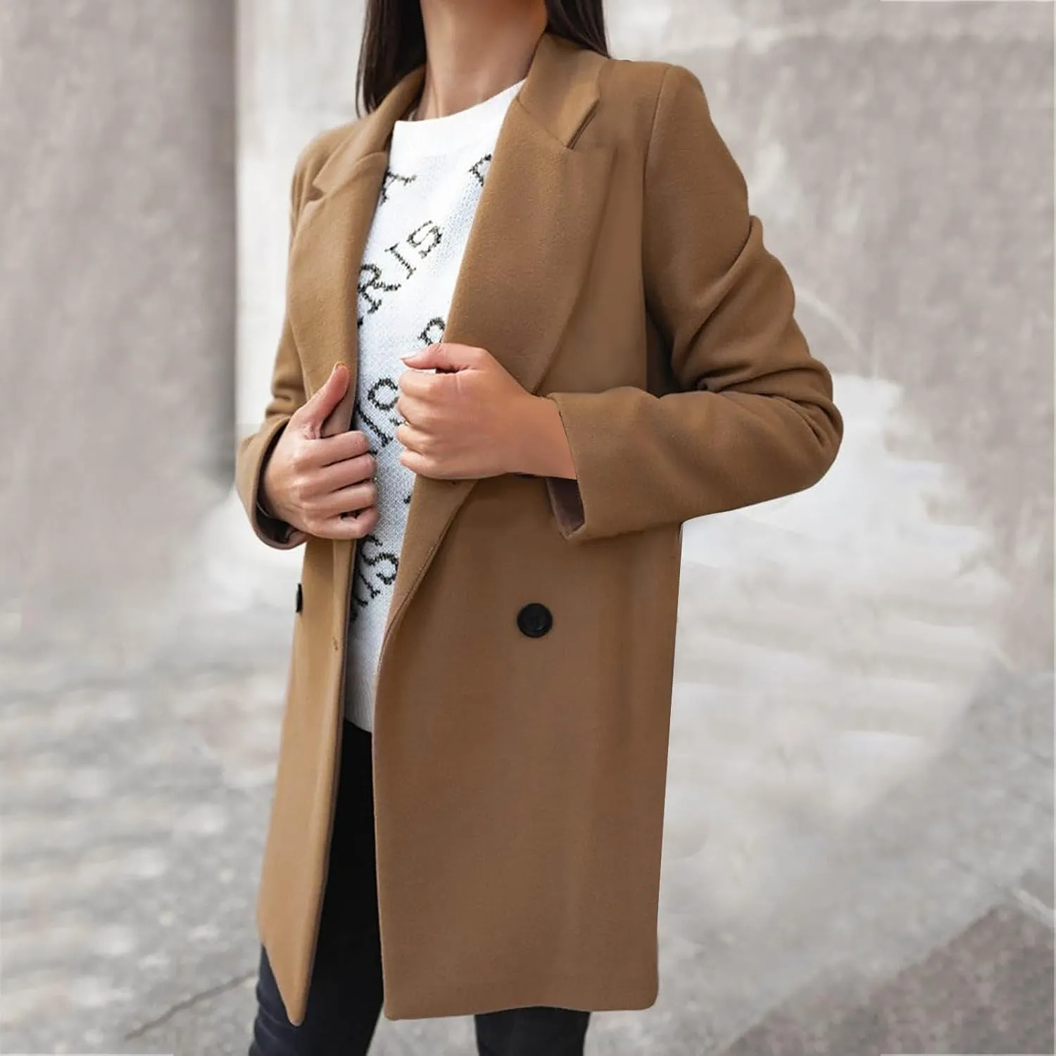 Trench Coats for Women Elegant Single Breasted Work Office Jackets Notched Collar Mid Winter Wool Pea Coat