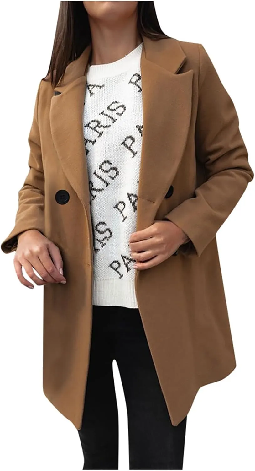 Trench Coats for Women Elegant Single Breasted Work Office Jackets Notched Collar Mid Winter Wool Pea Coat