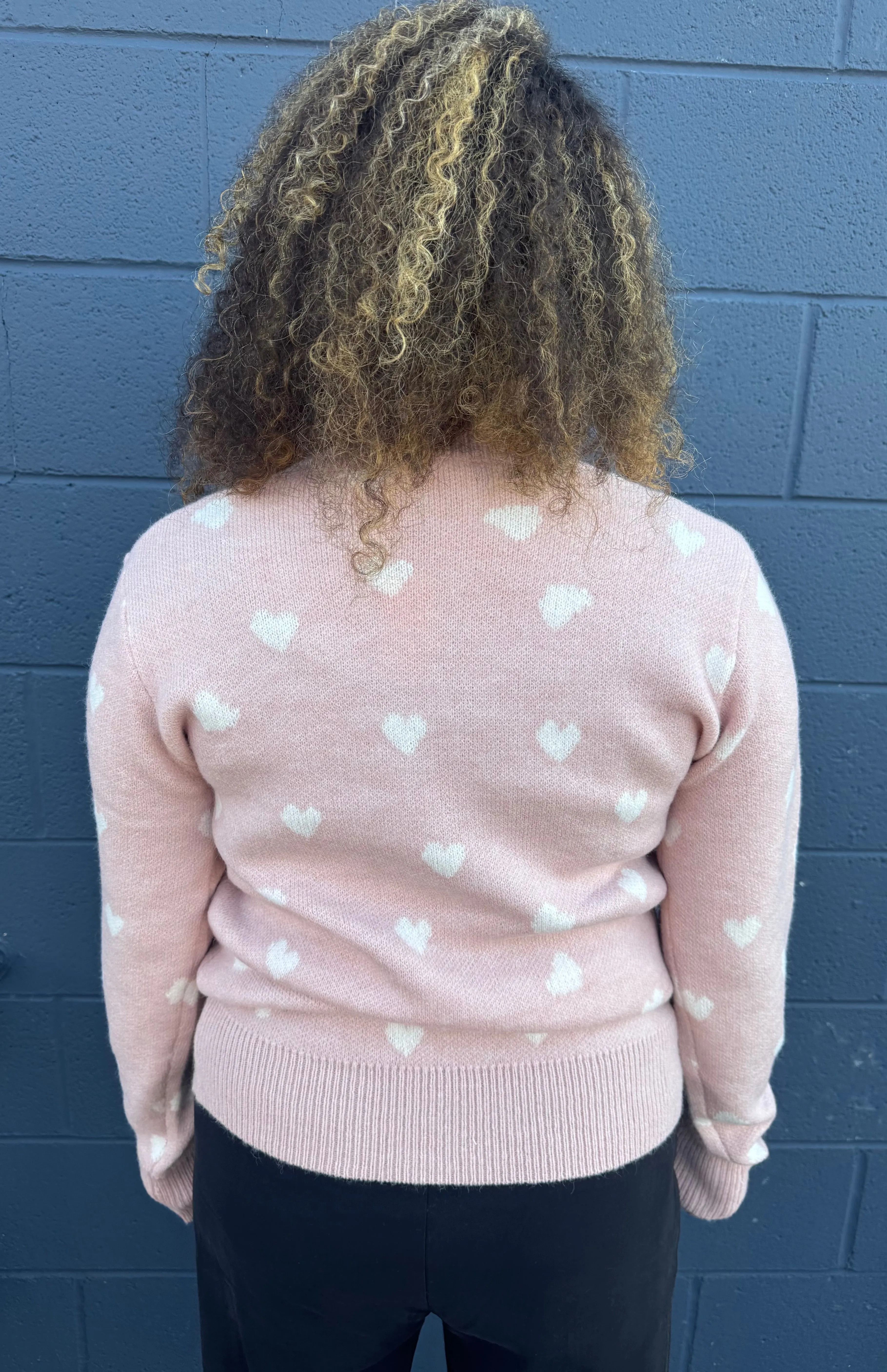V Neck Long Sleeve Heart Pattern Sweater