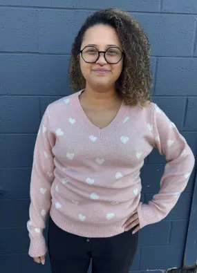 V Neck Long Sleeve Heart Pattern Sweater