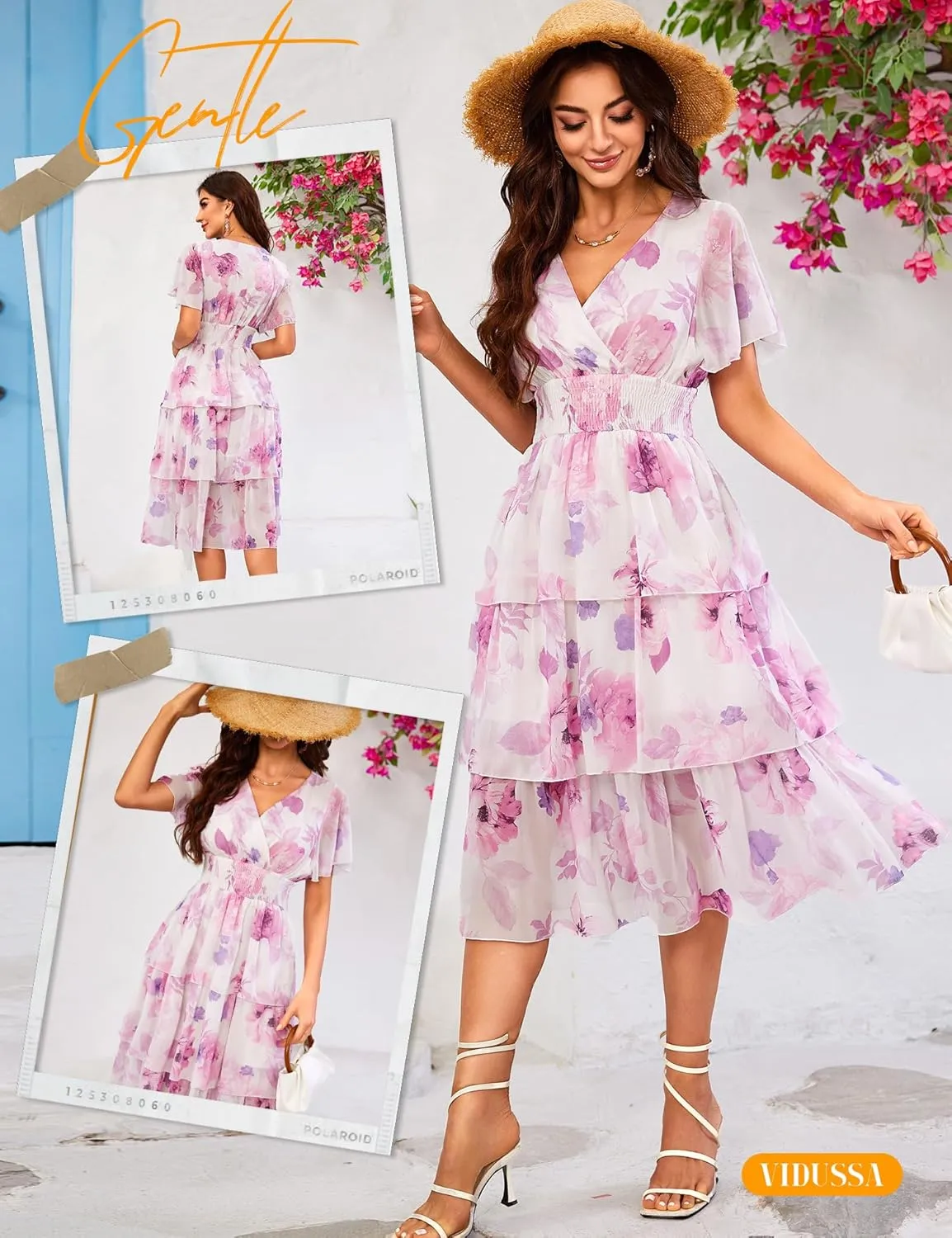 VIDUSSA Womens Floral V Neck Ruffle Tiered Layered Chiffon Flowy Swing Long Midi Dress Short Sleeve Smocked Dresses