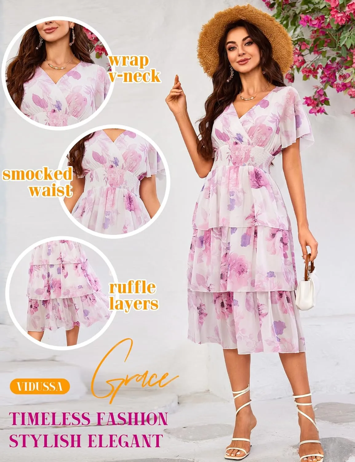 VIDUSSA Womens Floral V Neck Ruffle Tiered Layered Chiffon Flowy Swing Long Midi Dress Short Sleeve Smocked Dresses