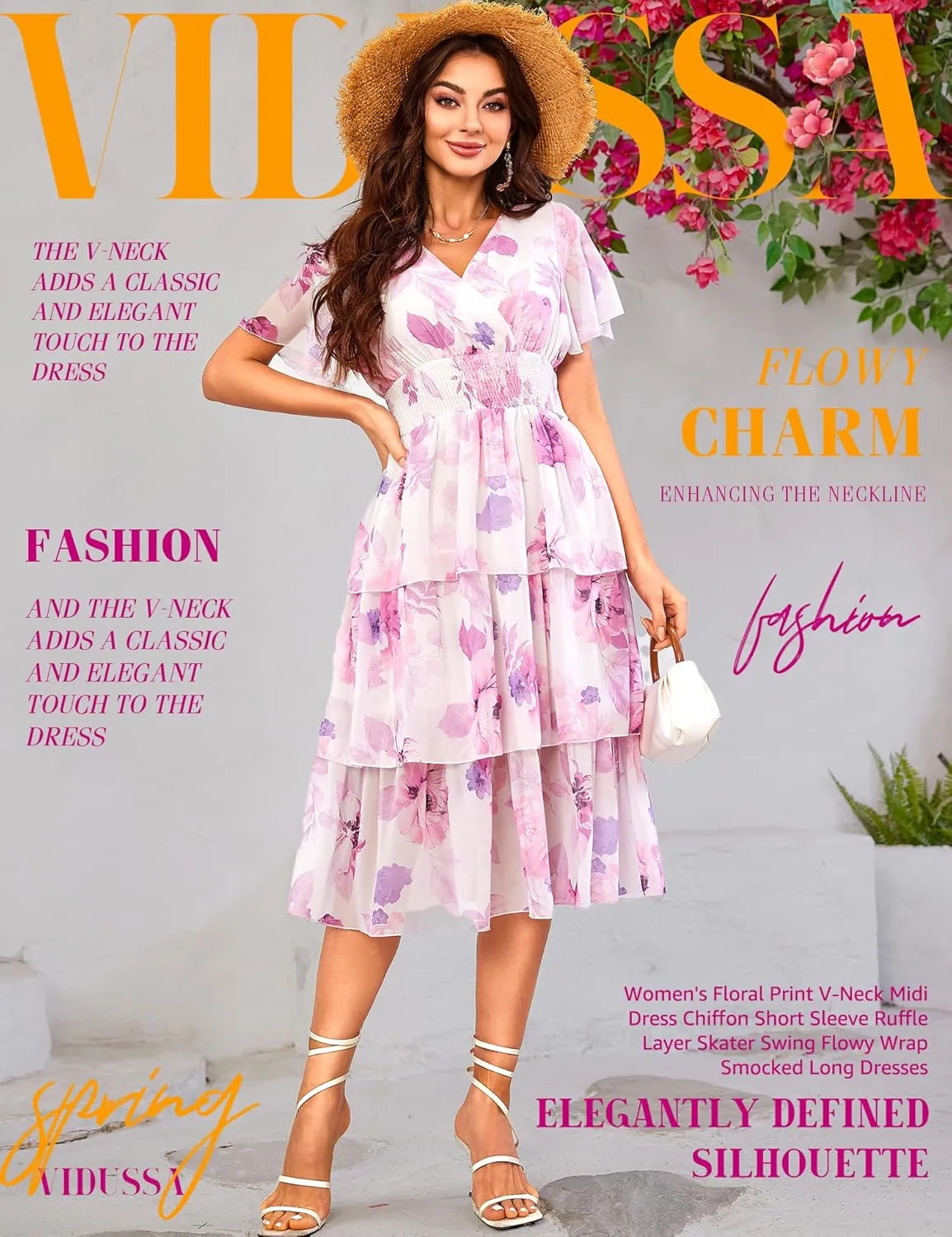 VIDUSSA Womens Floral V Neck Ruffle Tiered Layered Chiffon Flowy Swing Long Midi Dress Short Sleeve Smocked Dresses