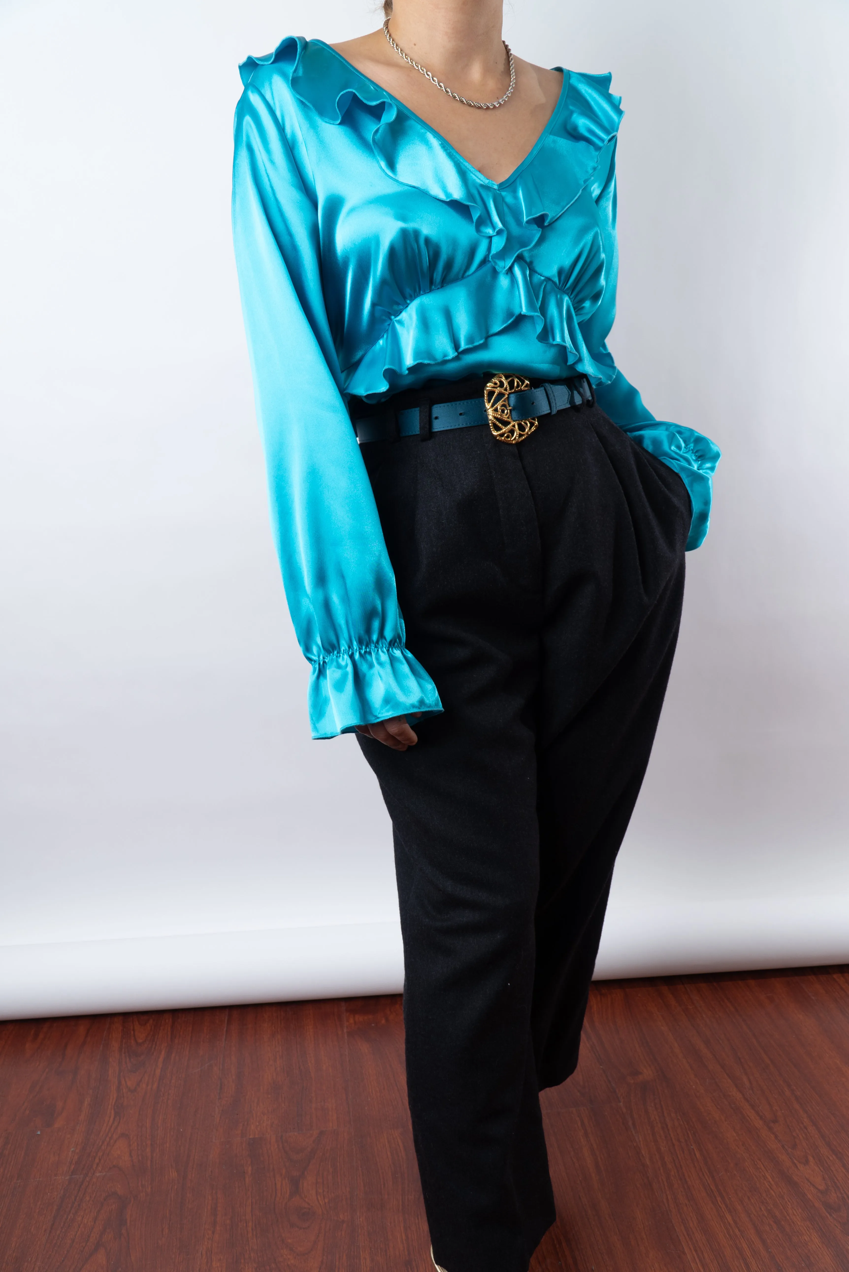 Vintage Ruffled Teal Blouse