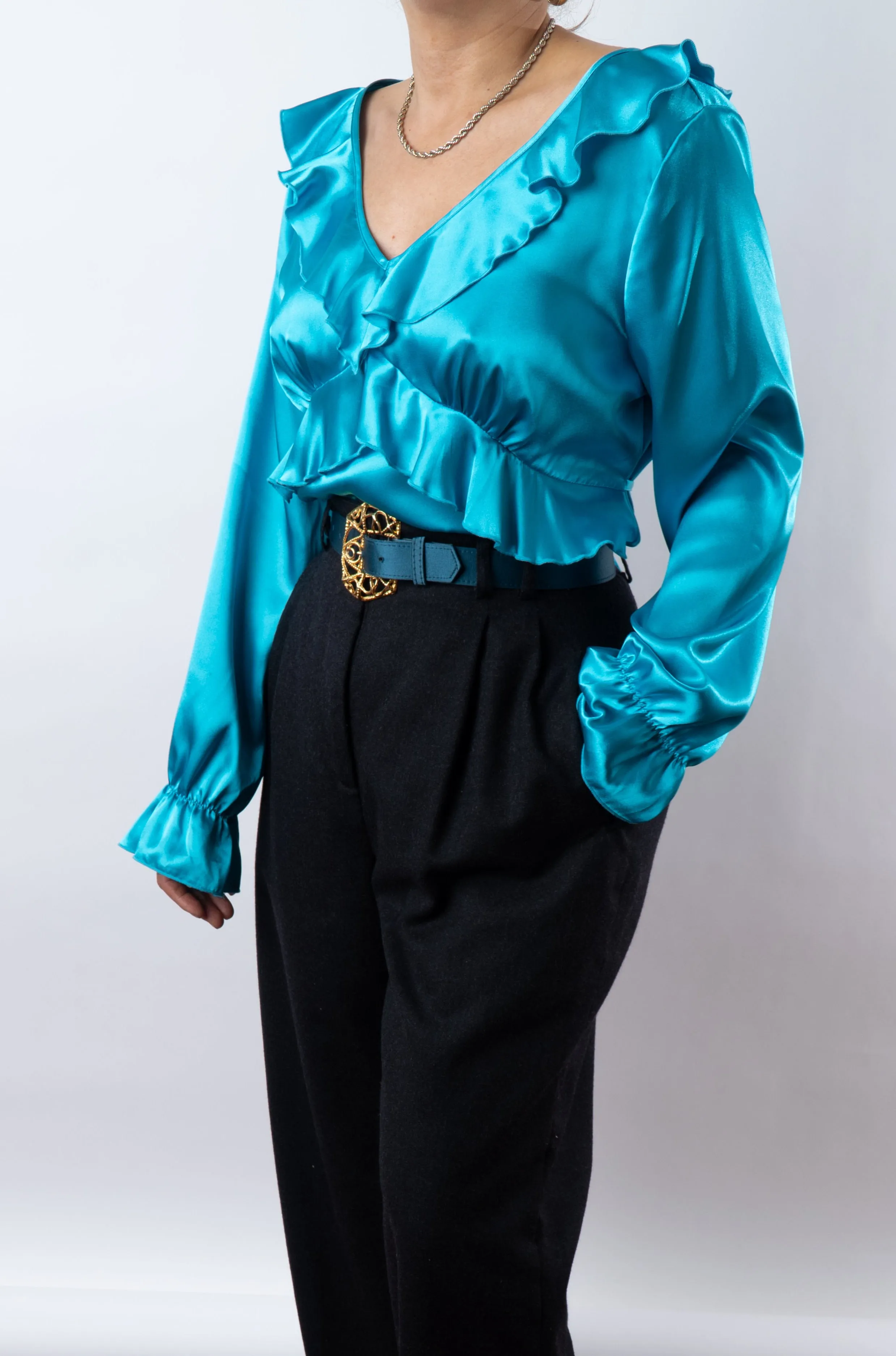 Vintage Ruffled Teal Blouse