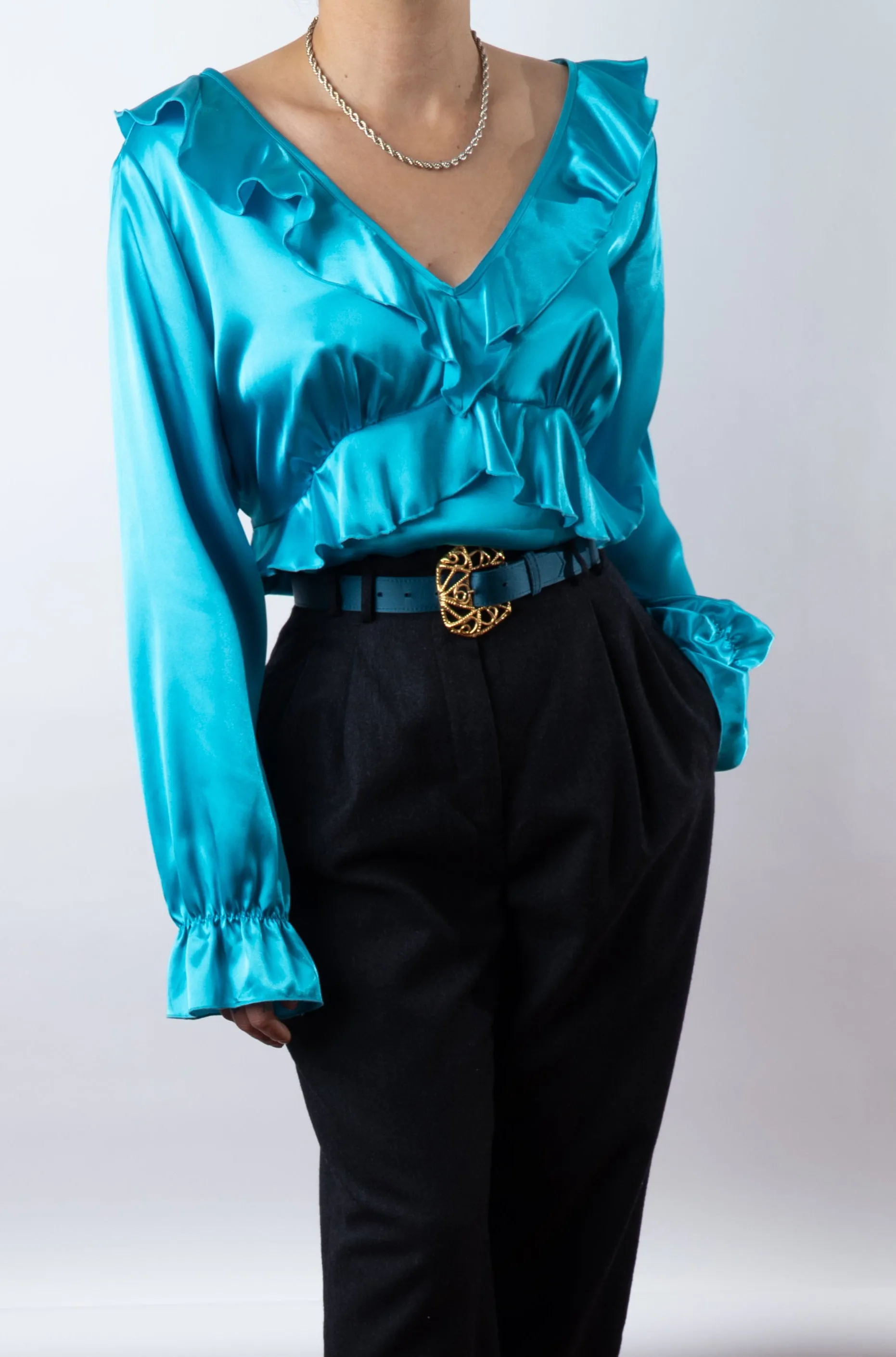 Vintage Ruffled Teal Blouse