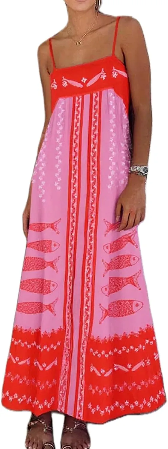 Women Bohemian Floral Maxi Dress Spaghetti Strap Backless Graphic Long Flowy Dress Summer Vacation Beach Sundress