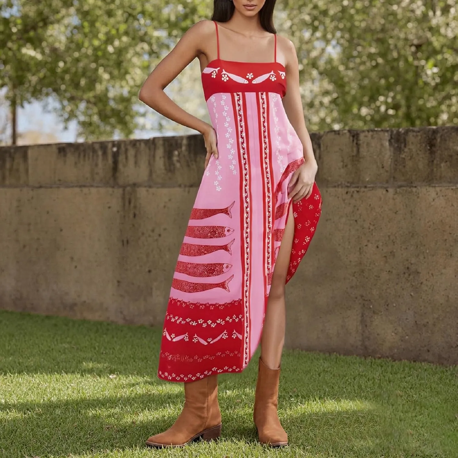 Women Bohemian Floral Maxi Dress Spaghetti Strap Backless Graphic Long Flowy Dress Summer Vacation Beach Sundress