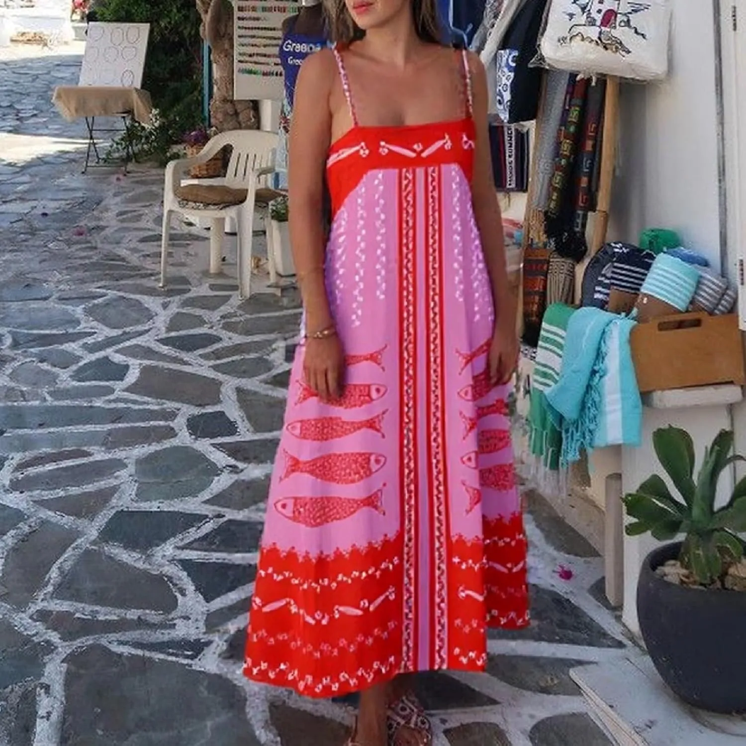 Women Bohemian Floral Maxi Dress Spaghetti Strap Backless Graphic Long Flowy Dress Summer Vacation Beach Sundress