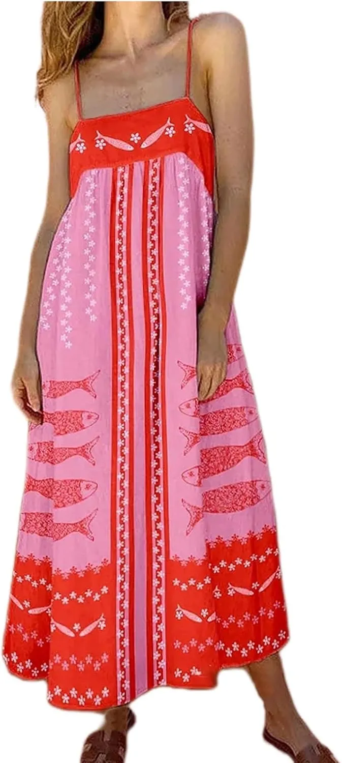 Women Bohemian Floral Maxi Dress Spaghetti Strap Backless Graphic Long Flowy Dress Summer Vacation Beach Sundress
