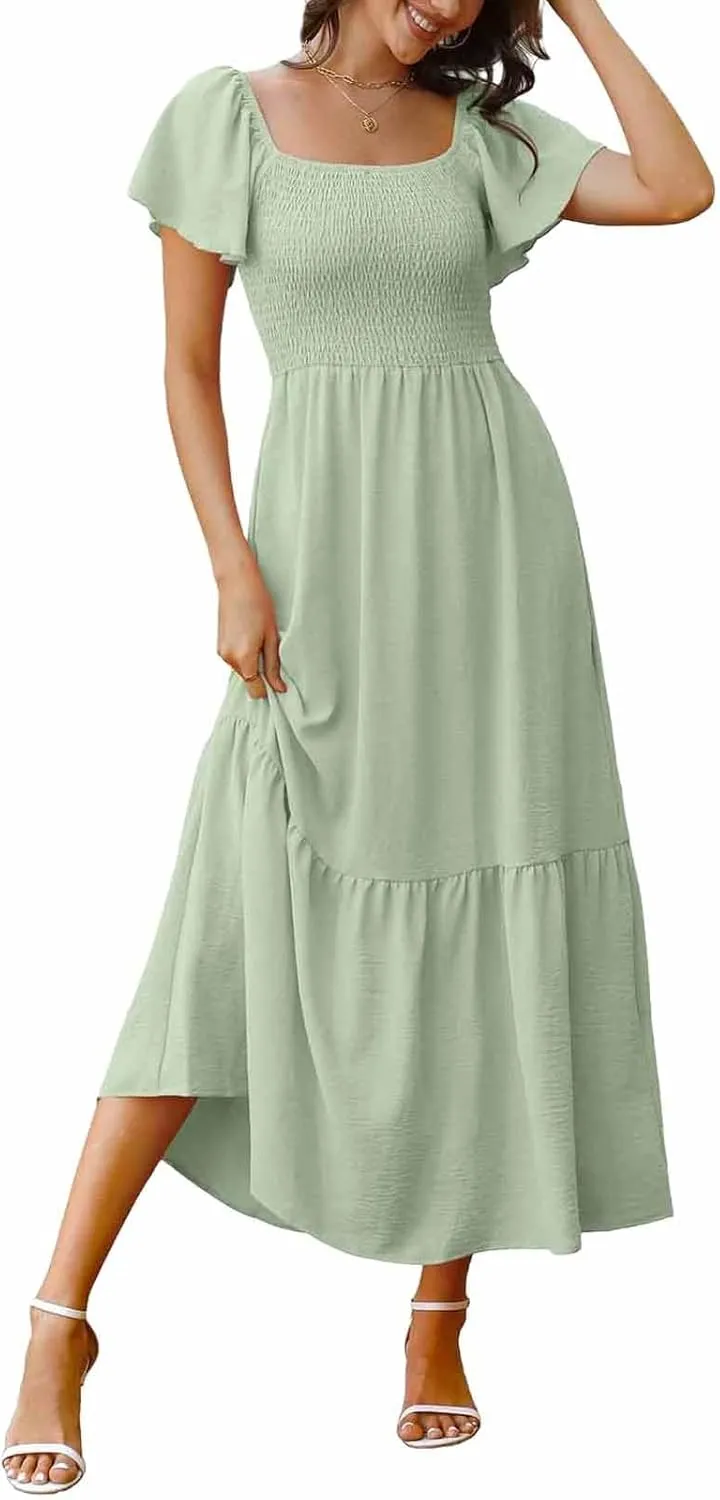 Women Summer Casual Square Neck Flutter Sleeve Boho Smocked A-Line Flowy Tiered Modest Maxi Sun Dress with Pockets