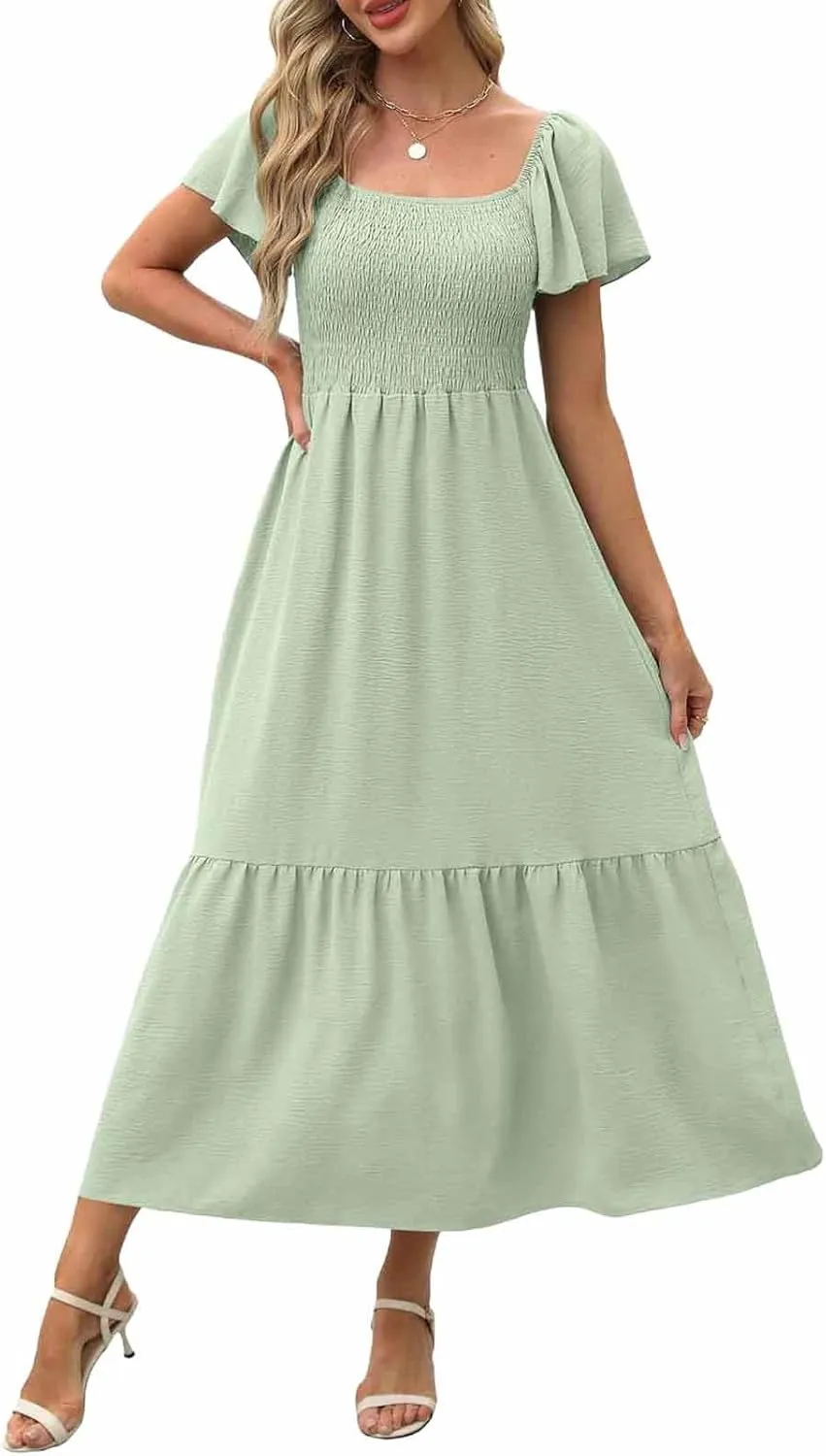 Women Summer Casual Square Neck Flutter Sleeve Boho Smocked A-Line Flowy Tiered Modest Maxi Sun Dress with Pockets