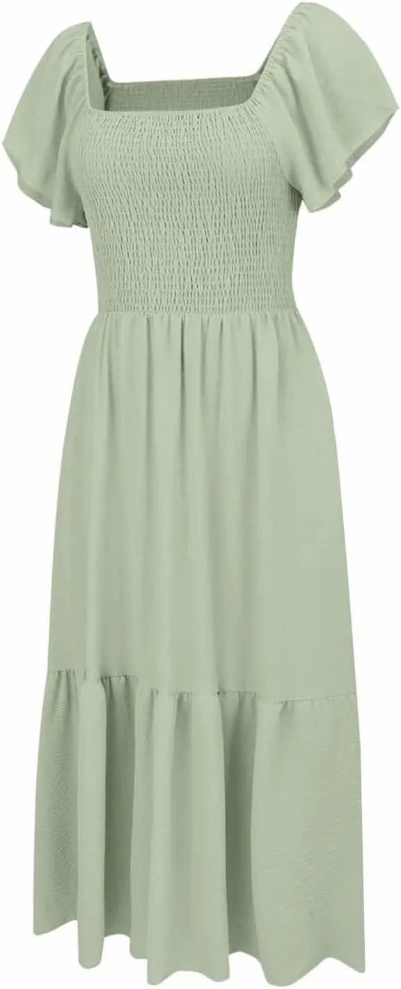 Women Summer Casual Square Neck Flutter Sleeve Boho Smocked A-Line Flowy Tiered Modest Maxi Sun Dress with Pockets