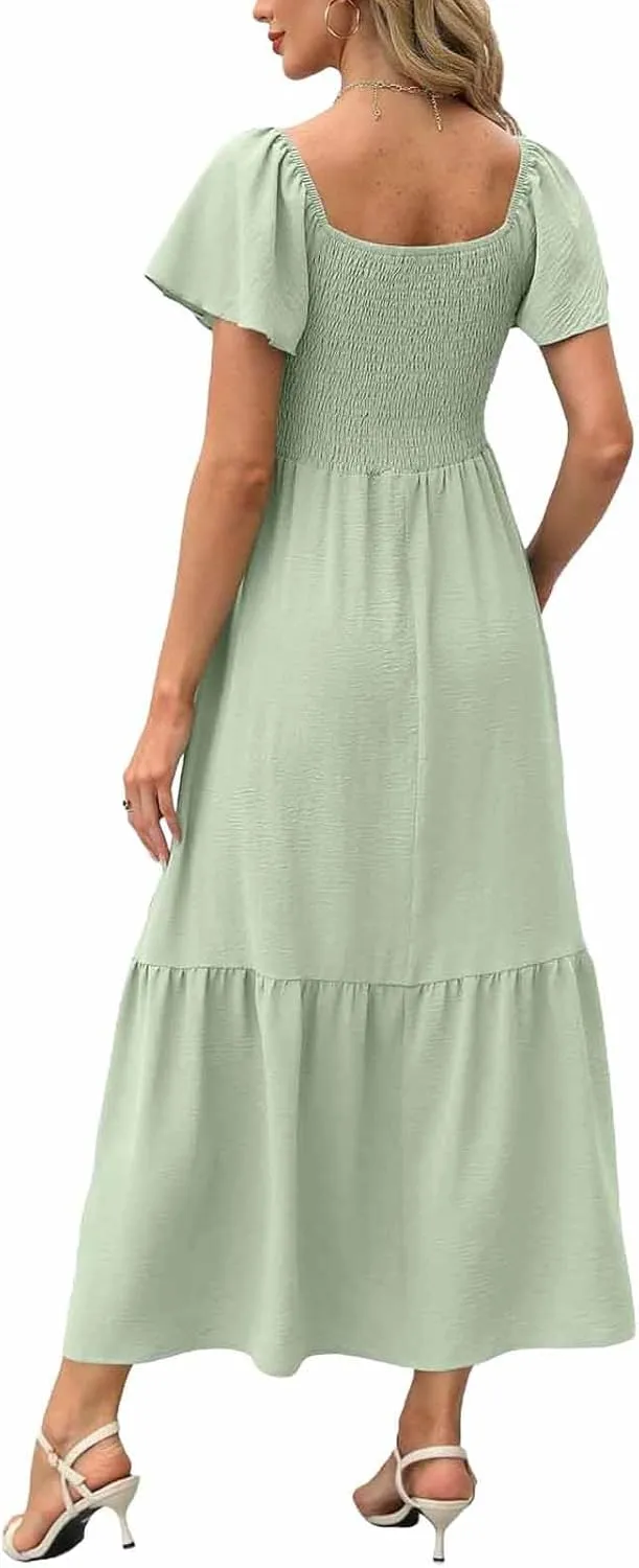 Women Summer Casual Square Neck Flutter Sleeve Boho Smocked A-Line Flowy Tiered Modest Maxi Sun Dress with Pockets