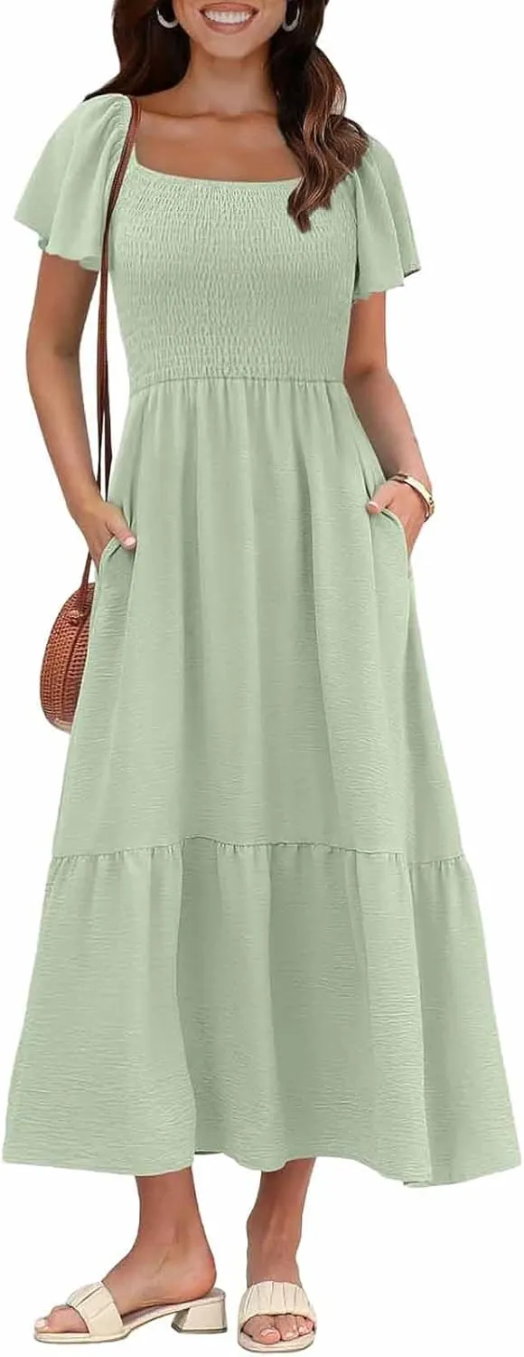 Women Summer Casual Square Neck Flutter Sleeve Boho Smocked A-Line Flowy Tiered Modest Maxi Sun Dress with Pockets