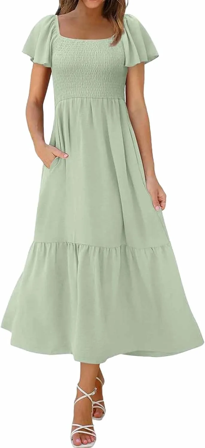 Women Summer Casual Square Neck Flutter Sleeve Boho Smocked A-Line Flowy Tiered Modest Maxi Sun Dress with Pockets