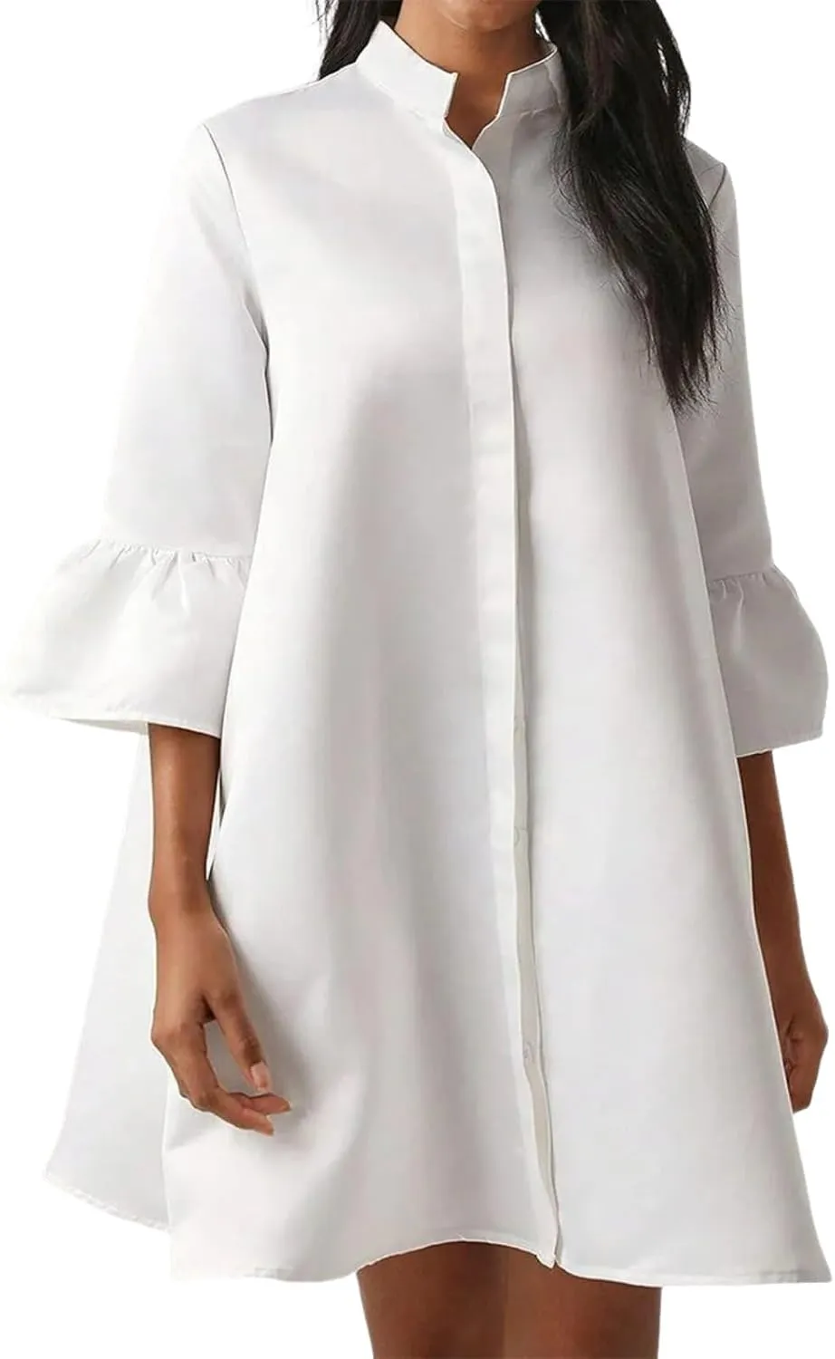 Women's 2025 Summer Elegant V-Neck Flared Half Sleeve Midi Dresses White Plain Loose Silhouette Daily Outing Shift Dress
