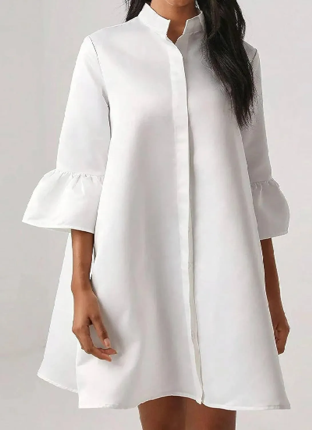 Women's 2025 Summer Elegant V-Neck Flared Half Sleeve Midi Dresses White Plain Loose Silhouette Daily Outing Shift Dress