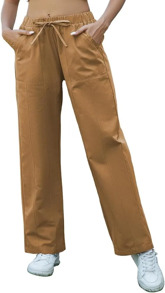 Womens Cotton Casual Pants Straight Wide Leg Drawstring Elastic Loose Lounge Comfy Trousers with Pockets