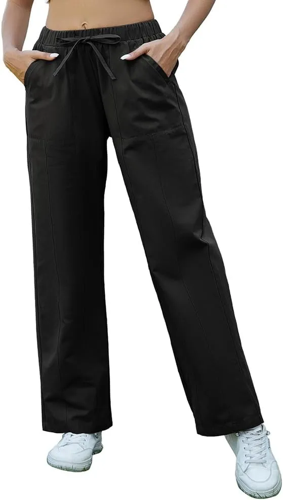 Womens Cotton Casual Pants Straight Wide Leg Drawstring Elastic Loose Lounge Comfy Trousers with Pockets